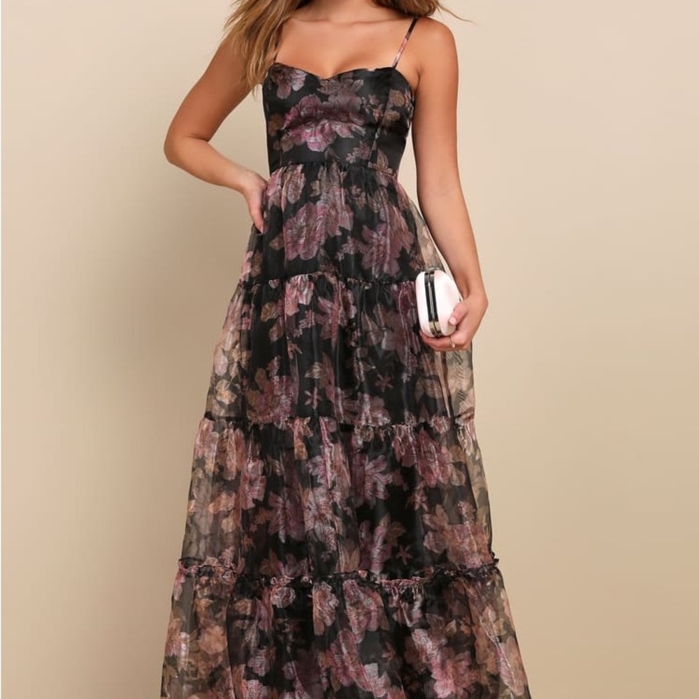 Lulu’s Exclusive Glamour Black Floral Organza Tiered Maxi Dress - Picture 2 of 2
